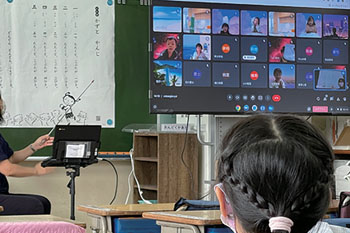 The monitor showing the students taking classes at home