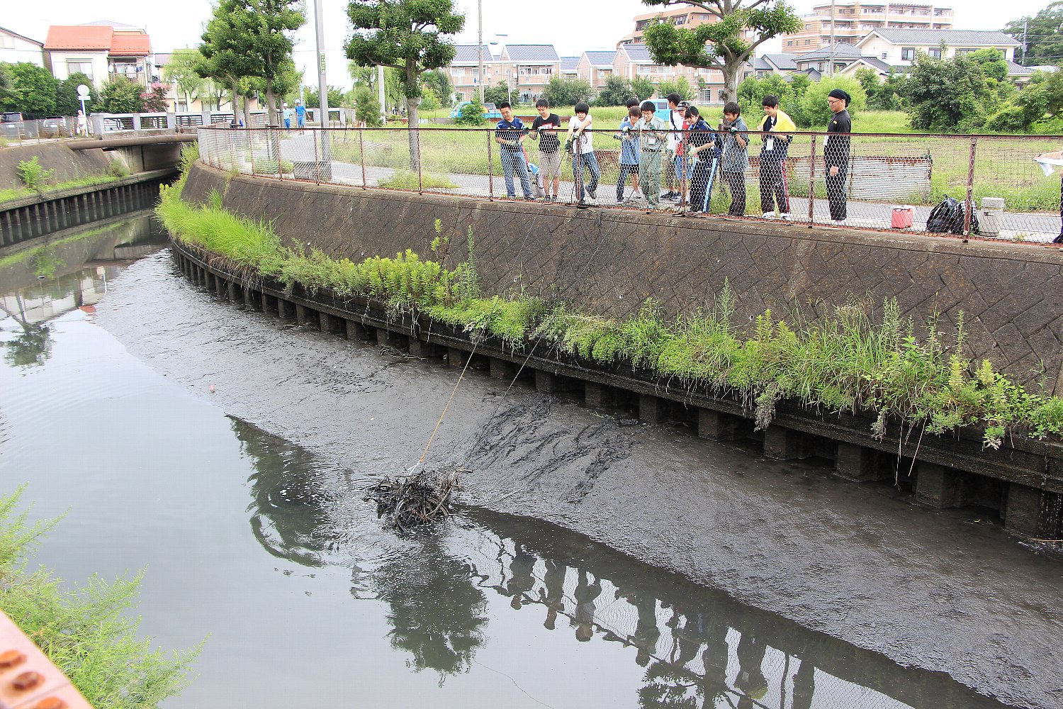 ごみの塊を引き上げる参加者