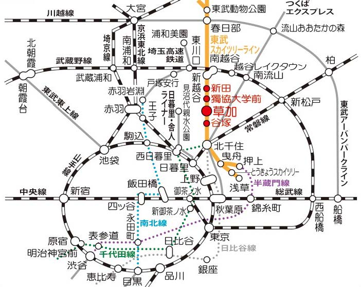 草加駅までの路線図